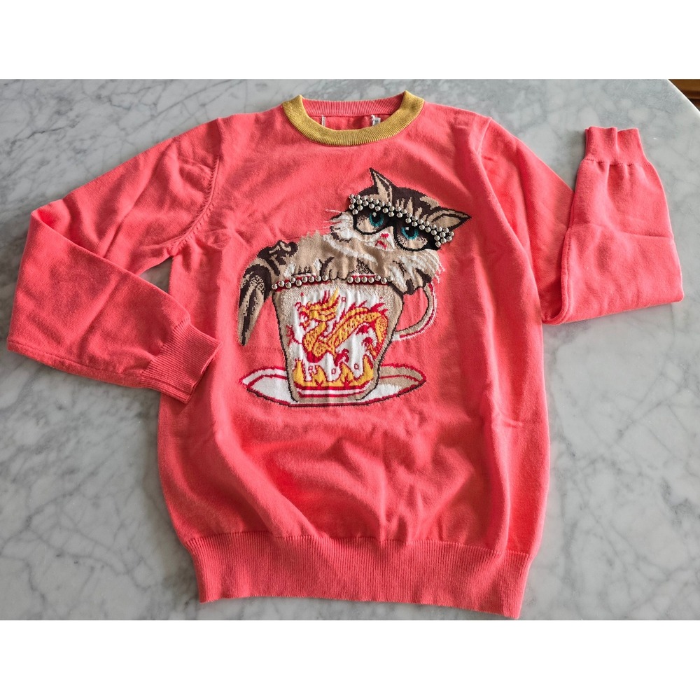 Coral Pink Cat in Dragon Teacup Studded Graphic‎ Knit Sweater Gold Trim Small